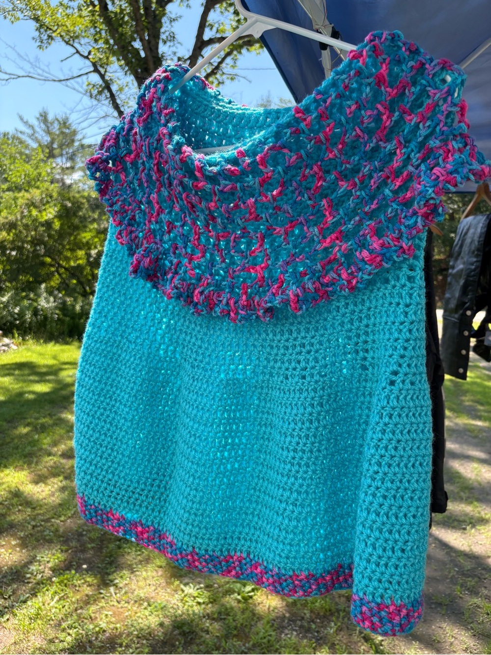 Turquoise Cowl Neck Crochet Sweater with Pink Accent and long matching coverup.